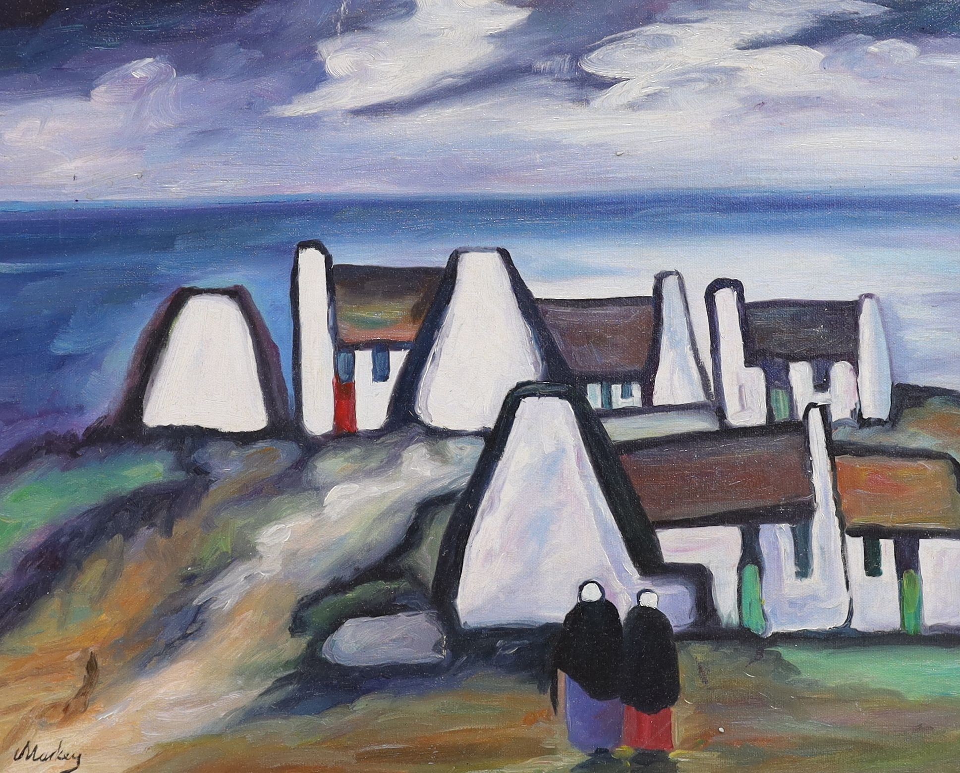 After Markey Robinson, oil on board, Figures beside cottages, bears signature, 40 x 50cm